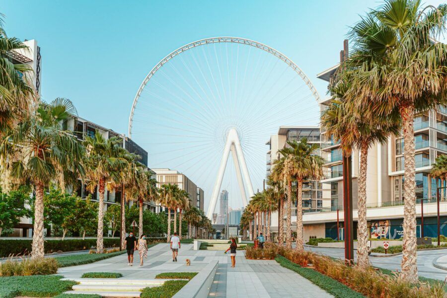 Explore the vibrant cityscape with Ain Dubai and palm-lined paths in this stunning urban view.