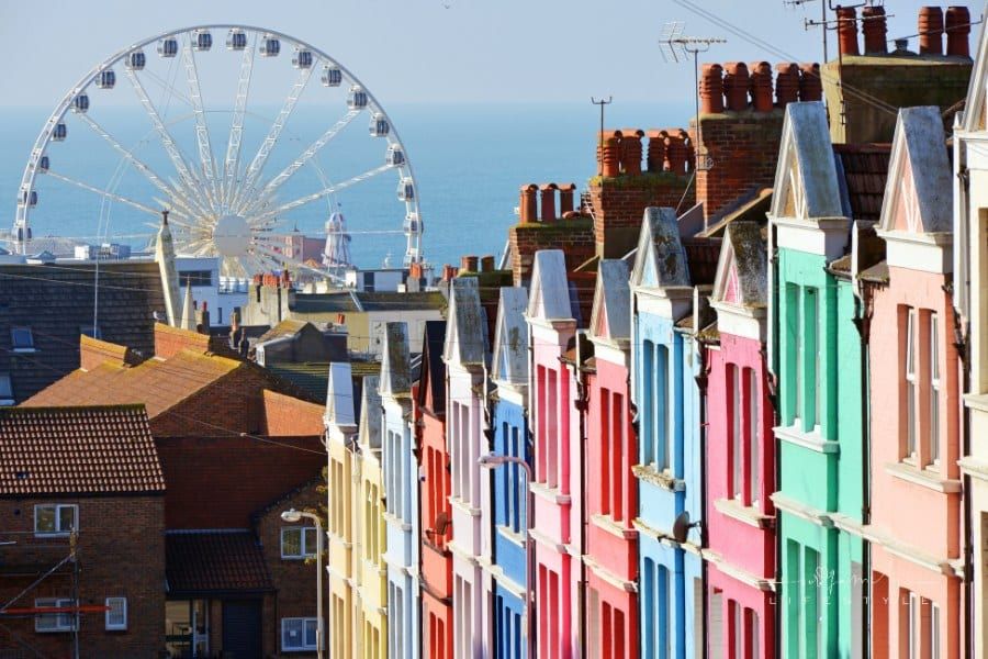 A rainbow of colourful painted houses in Brighton, London