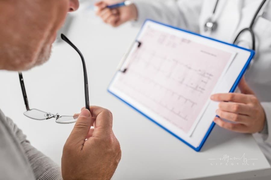 Senior Man and Doctor with Cardiogram at Hospital