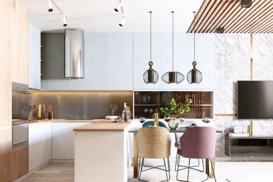 Modern Kitchen Design with pendant lights and a 4-seated table