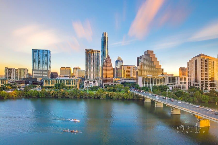 Downtown Skyline of Austin, Texas in USA from top view at sunset