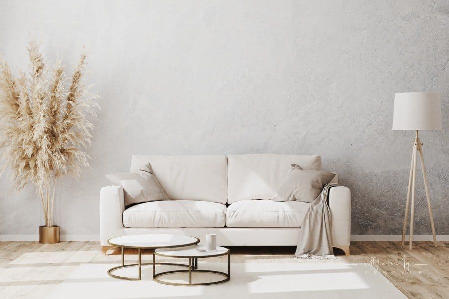 Bright Contemporary Living Room Mockup with wood laminate floors