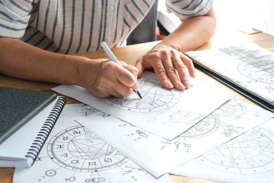 Astrology. Astrologer calculates a natal chart and makes a forecast of fate. Astrological forecast, mysticism, science. Astro