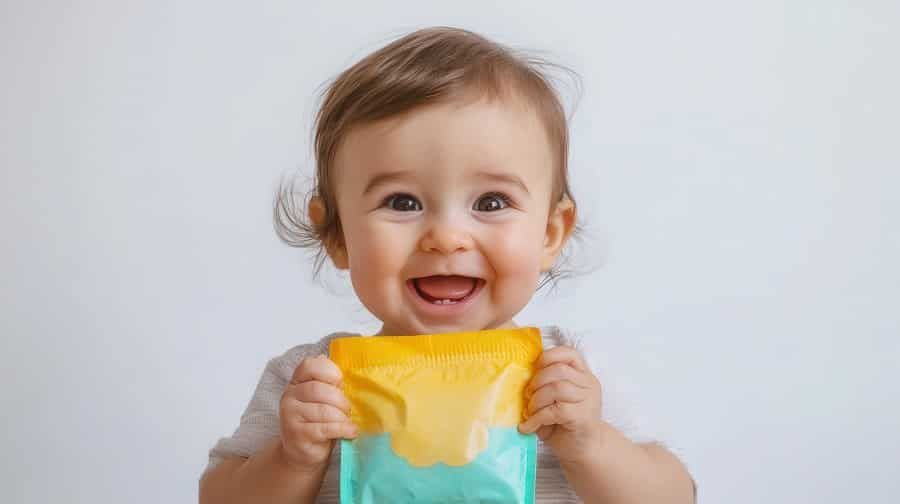 Adorable baby enjoying healthy snack with squeezable food pouch.