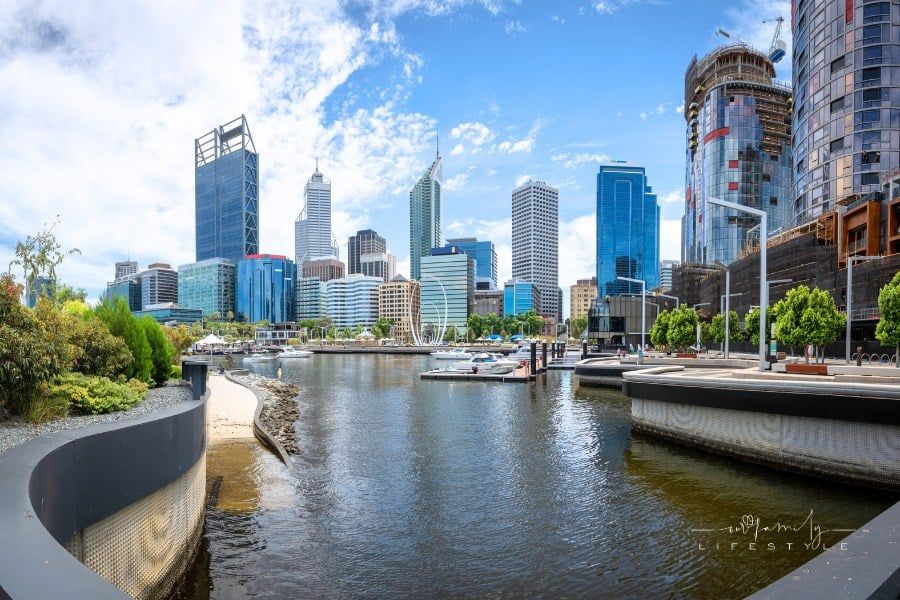 Panorama of Perth, Australia, skyline downtown seen from Elizabeth Quay with new port and Spanda monument
