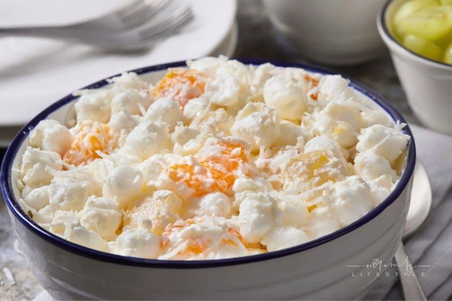 Ambrosia Fruit Salad with Mini Marshmallows, Pineapple Chunks, Mandarin Oranges and Sweetened Coconut