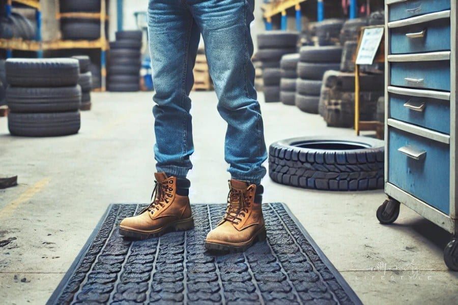 photo of a warehouse or tire shop environment with a male worker standing on an anti-fatigue floor mat. The worker is wearing