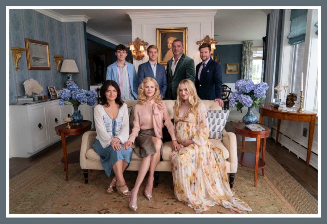 Cast of Netflix's series The Perfect Couple, featuring an ensemble of elegantly dressed characters in a sophisticated living