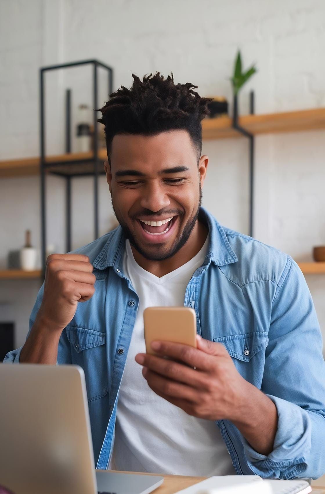 Overjoyed young black man with smartphone feeling excited over winning lottery or bet online