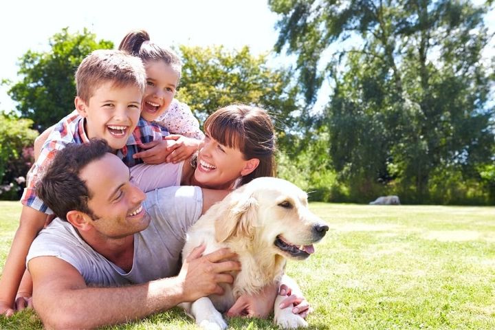 happy family with golden retriever