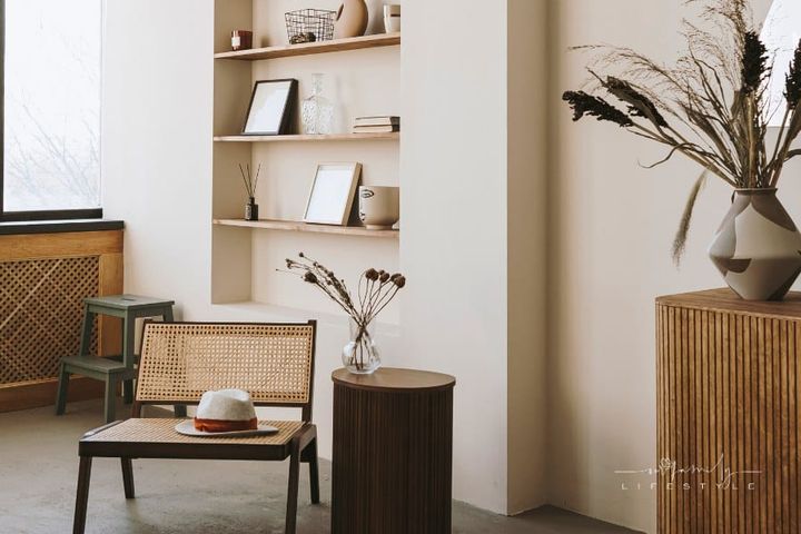 Scandinavian Interior with Vases on Shelves