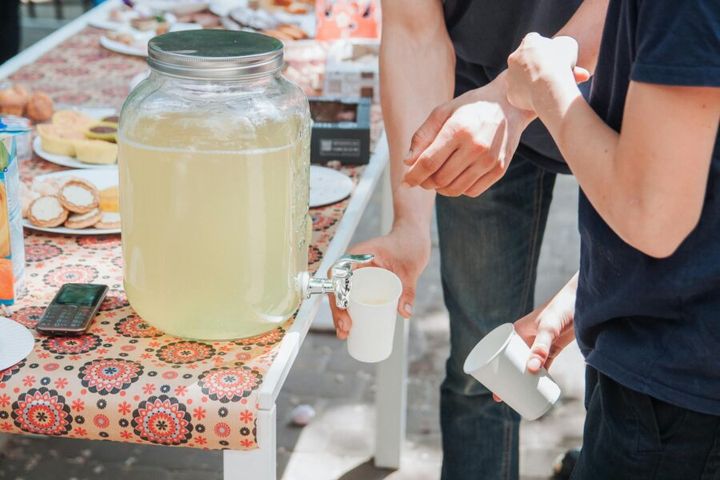 Two people serving lemonade at an outdoor picnic table with snacks, capturing a summer vibe.