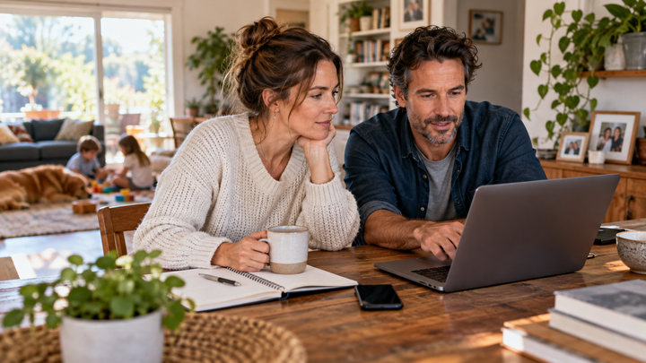Two family business owners working together on a laptop at a home office table.