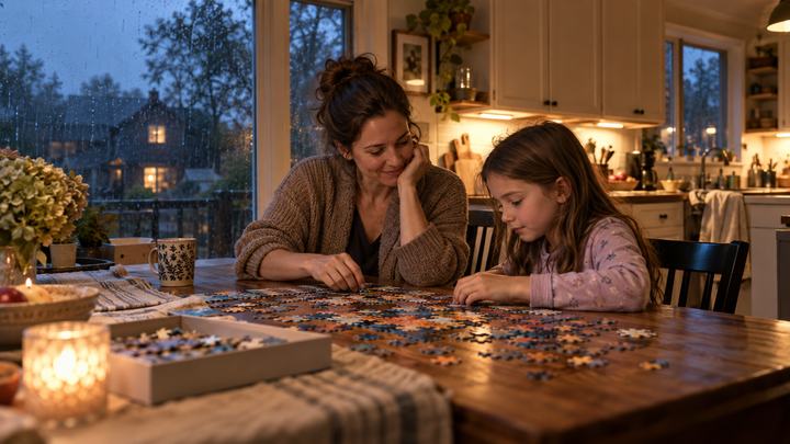 Mother and daughter doing a puzzle in a warmly lit kitchen on a rainy evening.