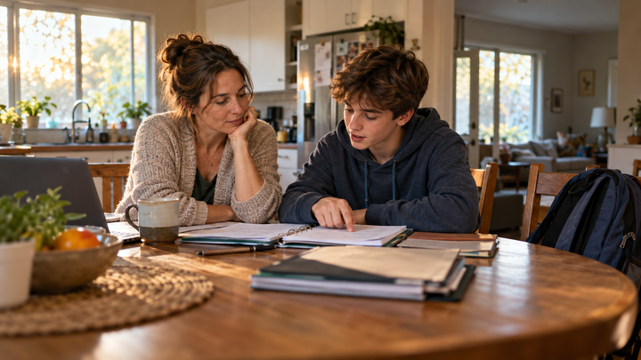 Mother and teenage son reviewing school paperwork together at the kitchen table.