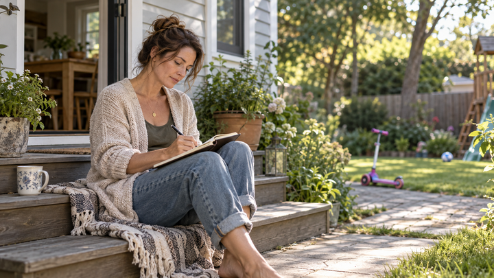 Mother writing in a journal on her back porch beside a sunny garden.