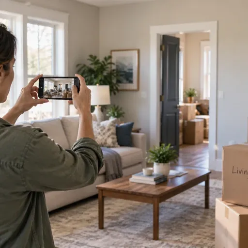 A person using a smartphone to complete a virtual moving survey in a furnished living room with moving boxes.