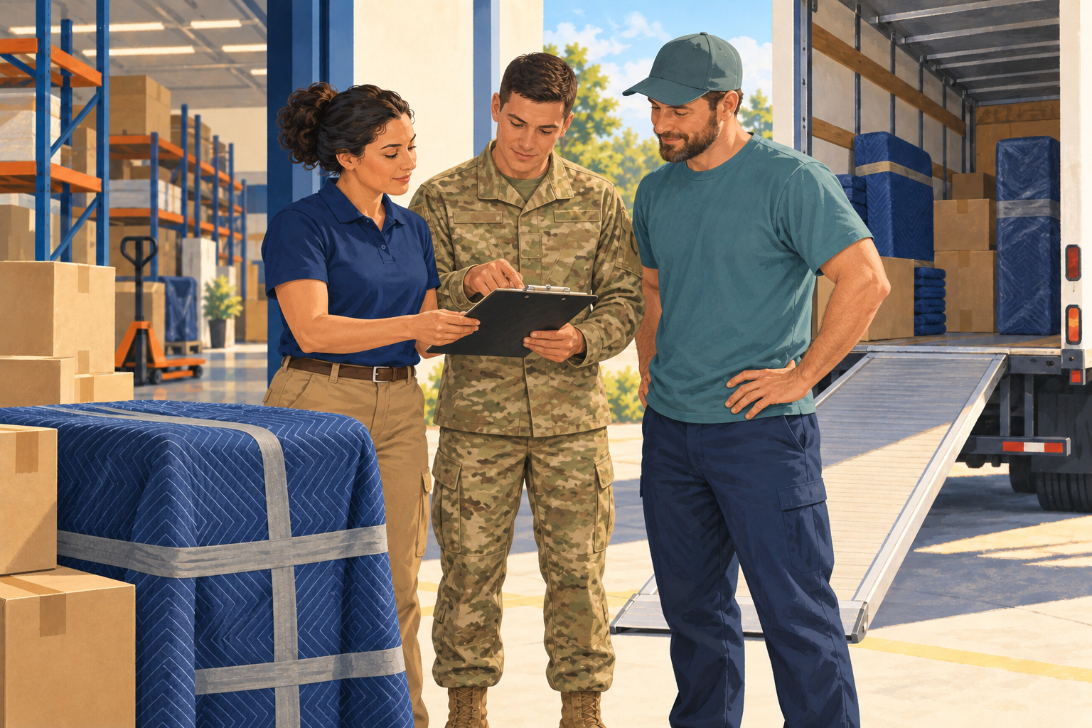 A customer in military camouflage uniform reviews an inventory with a civilian move lead and driver beside wrapped furniture and a moving truck.