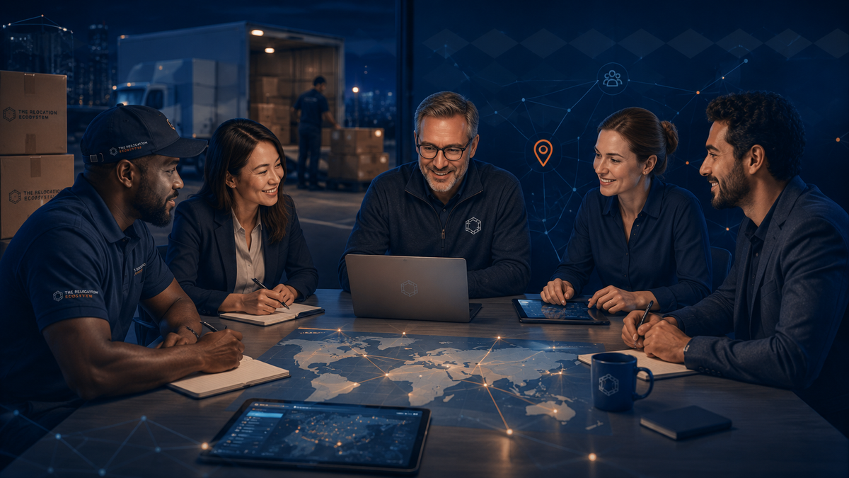 Moving, relocation, operations and technology professionals gathered around a shared global workflow.