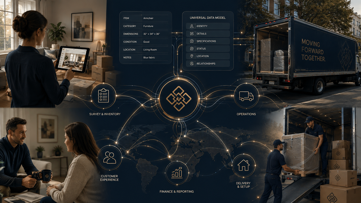 A connected moving ecosystem linking home surveys, standardized move data, operations, customer experience, reporting, delivery, and moving crews through a shared source of information.