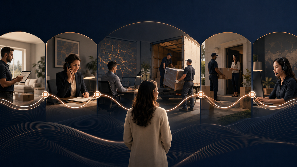 A moving customer connected across sales, operations, crews, delivery, and customer service through one continuous handoff.