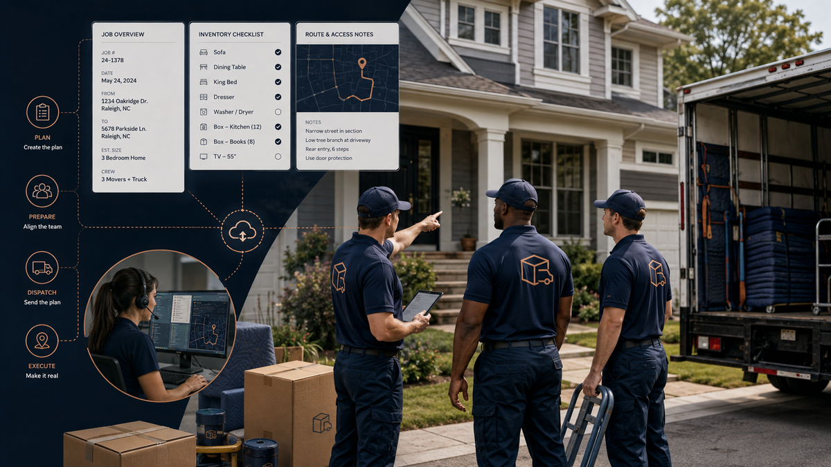 Moving crew reviewing a digital job plan before entering a customer’s home, connecting office planning with move-day execution.