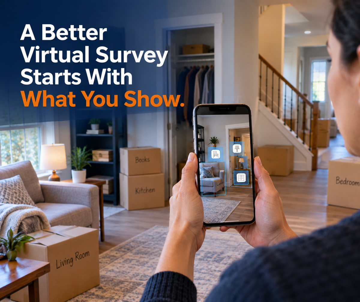 A customer using a smartphone to complete a virtual moving survey while preparing a home for a move.