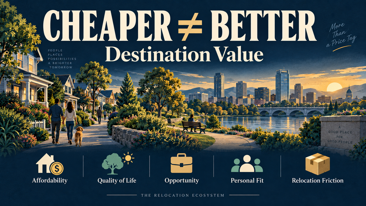 Cheaper does not equal better: Destination Value considers affordability, quality of life, opportunity, personal fit and relocation friction, illustrated with a neighborhood and city skyline.