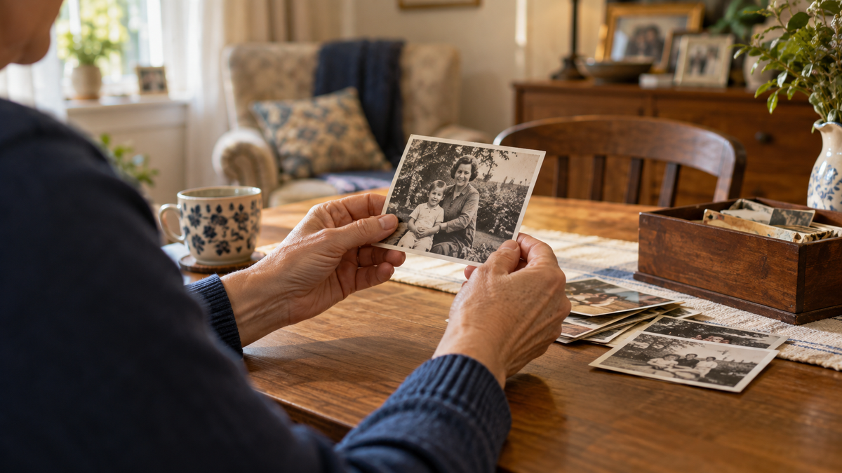 Hands gently holding a family photograph at a wooden table, beside keepsakes in a familiar sunlit home.