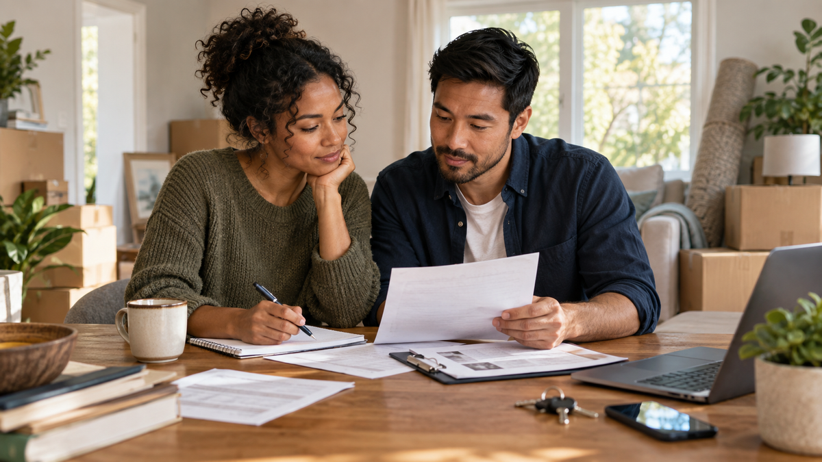 Couple reviewing moving documents together at a table in a home with packed boxes.