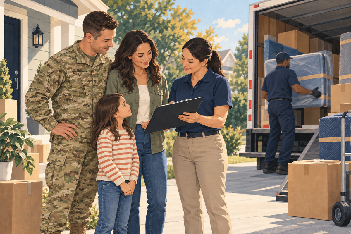 A service member in camouflage uniform and his family review a moving checklist with a civilian coordinator as a mover loads their household goods.