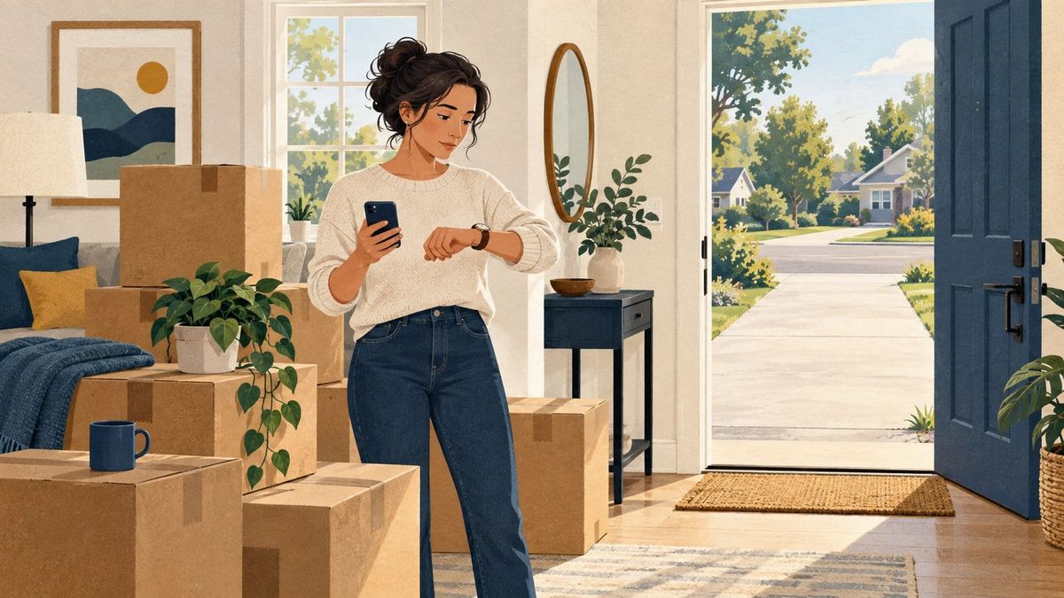 Illustration of a person checking a watch and phone beside packed boxes while waiting for a moving pickup.