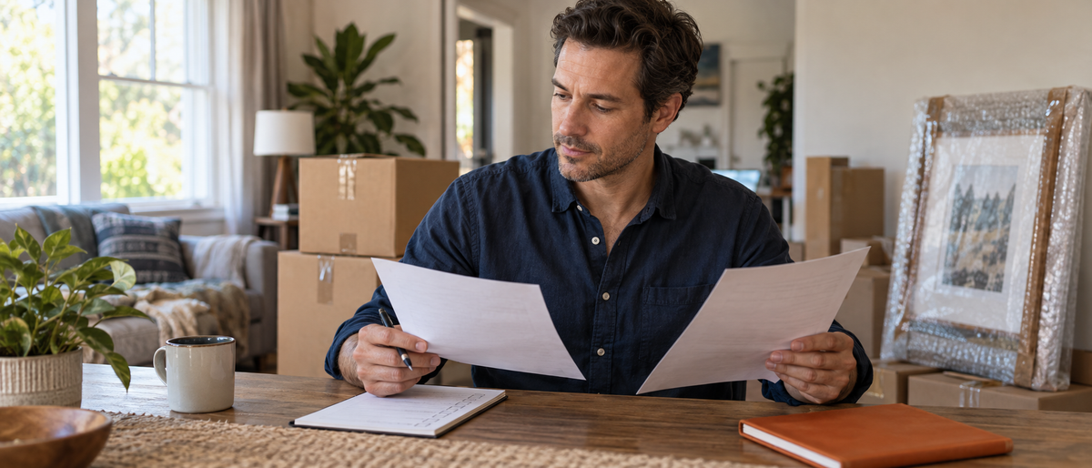 A man comparing moving estimates at home, with packed boxes and a wrapped picture behind him.