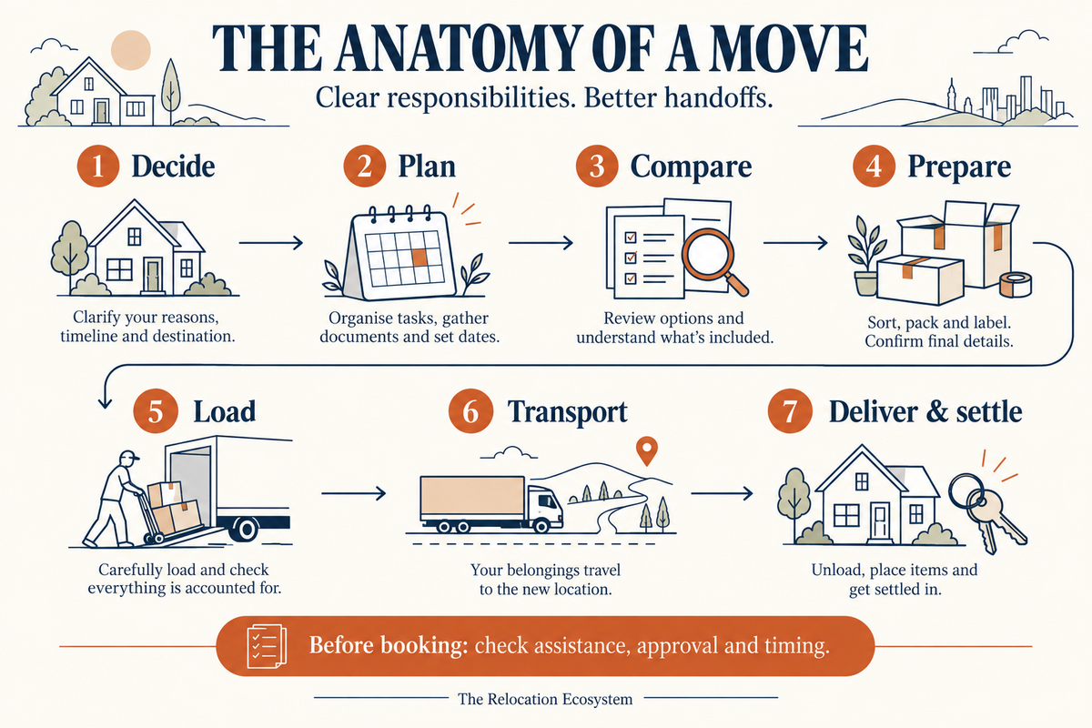 Seven moving stages: decide, plan, compare, prepare, load, transport, and deliver and settle. Before booking, check assistance, approval and timing.