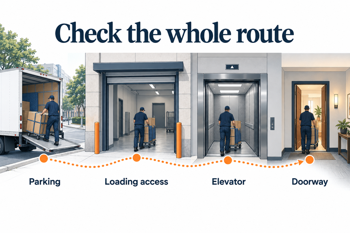 Illustrated moving route from a curbside truck through loading access and a service elevator to an apartment doorway, highlighting four access checkpoints.