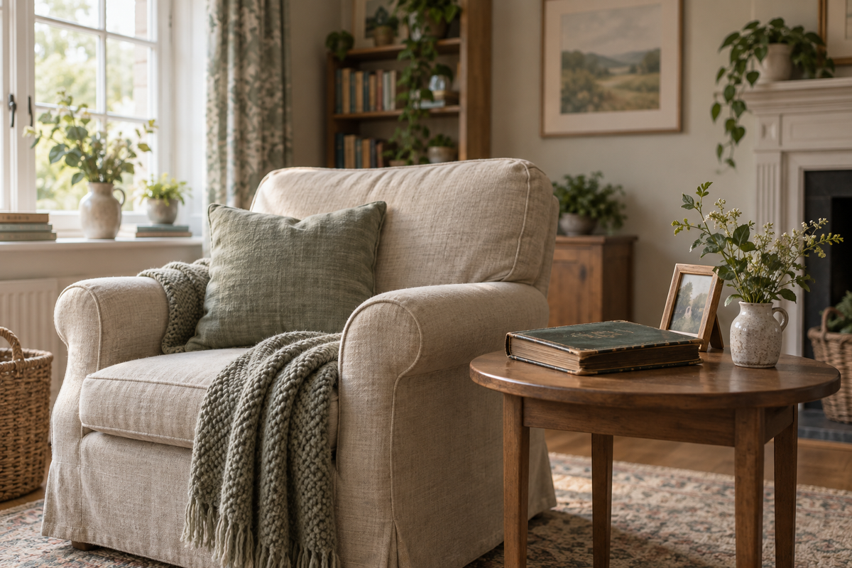 A softly lit armchair beside a wooden table holding a family photo album and framed photograph.