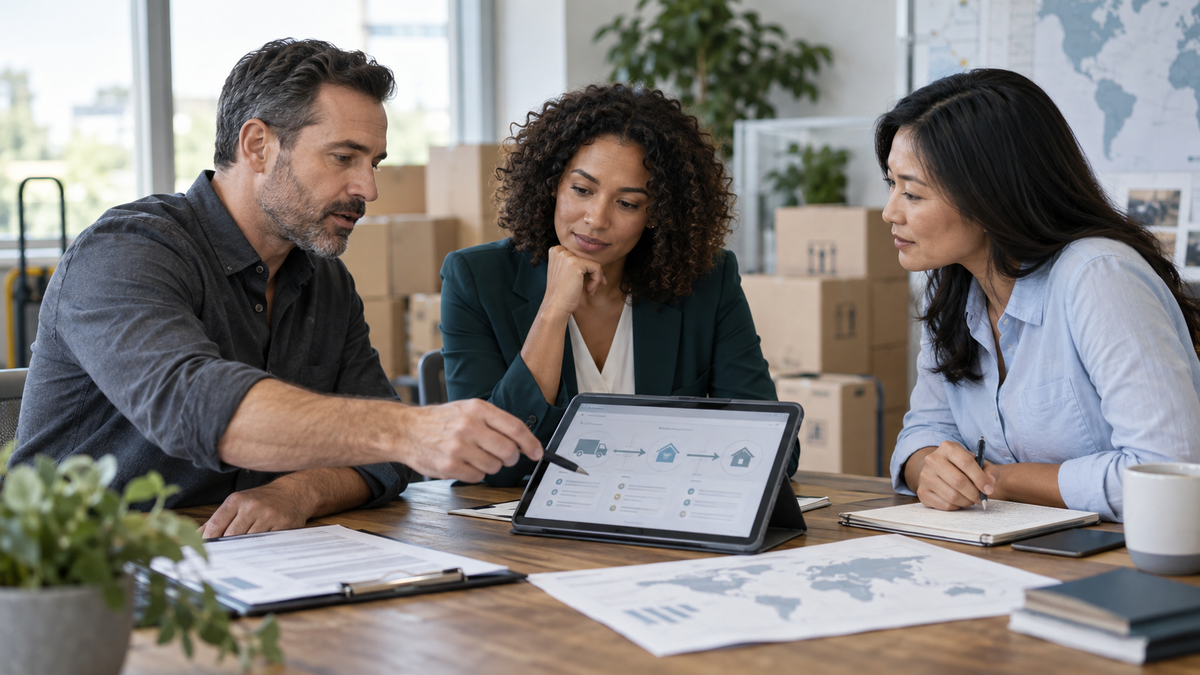 Moving, relocation and technology professionals reviewing a shared workflow and move documents together.