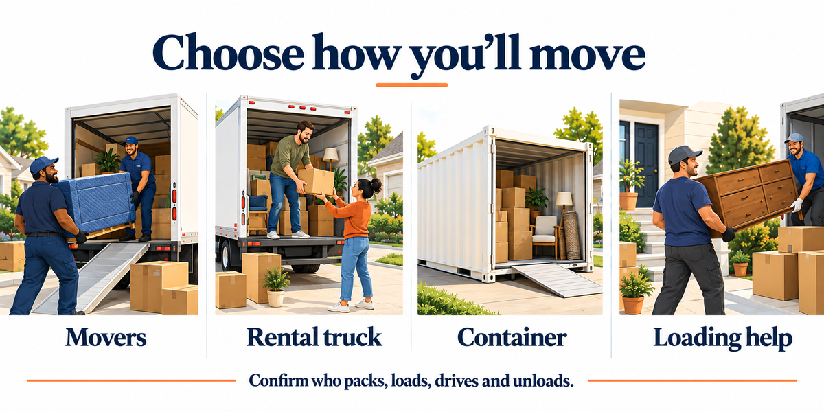 Four illustrated moving options: movers, rental truck, container and loading help. Confirm who packs, loads, drives and unloads.