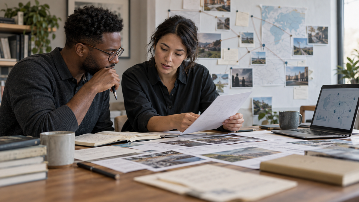 Two research collaborators reviewing relocation evidence, source documents and data together.