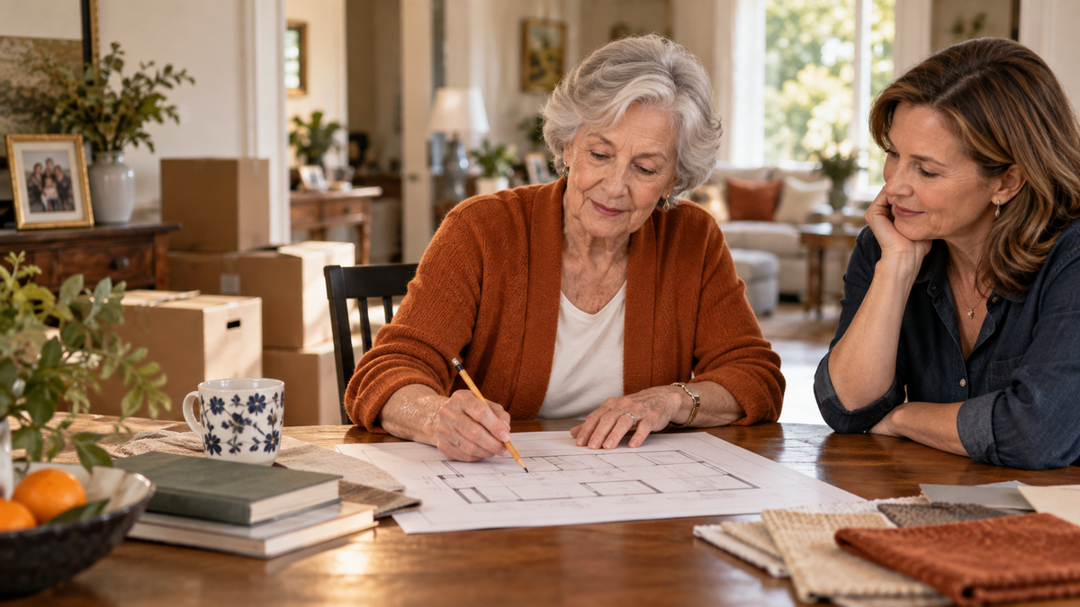 An older woman marks a floor plan while an adult daughter listens beside her in a home prepared for moving.
