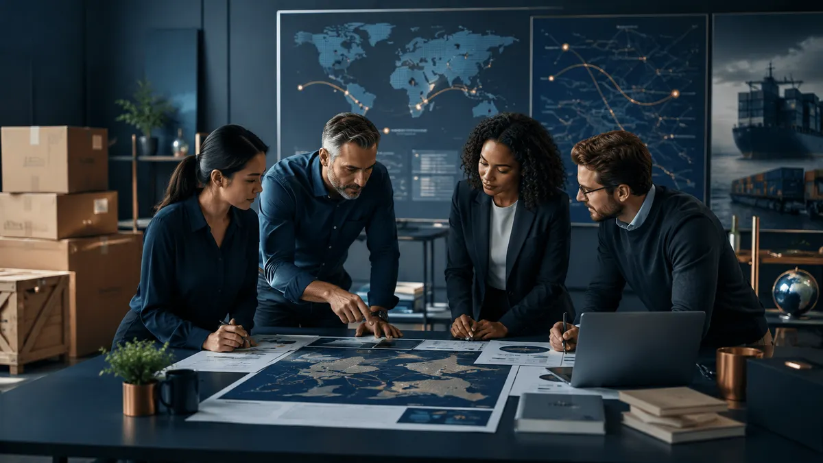 Four relocation professionals reviewing maps, move information and global logistics data together.