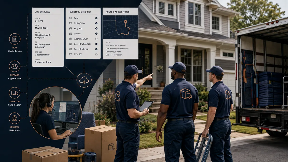 Moving crew reviewing a digital job plan before entering a customer’s home, connecting office planning with move-day execution.