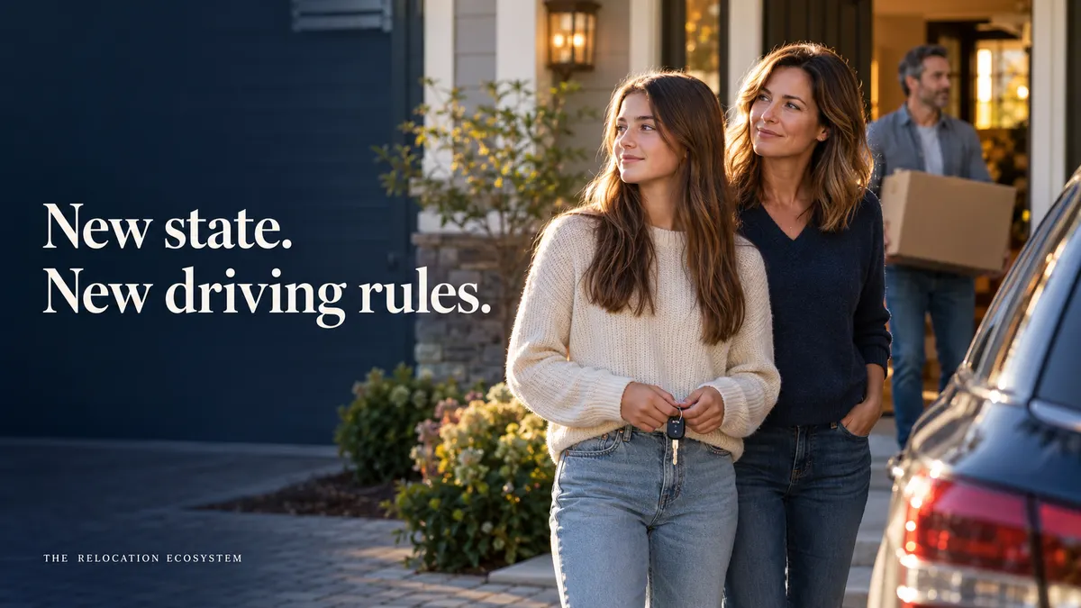 A teenager holds car keys beside her mother outside their new home, while her father carries a moving box. Headline: “New state. New driving rules.”