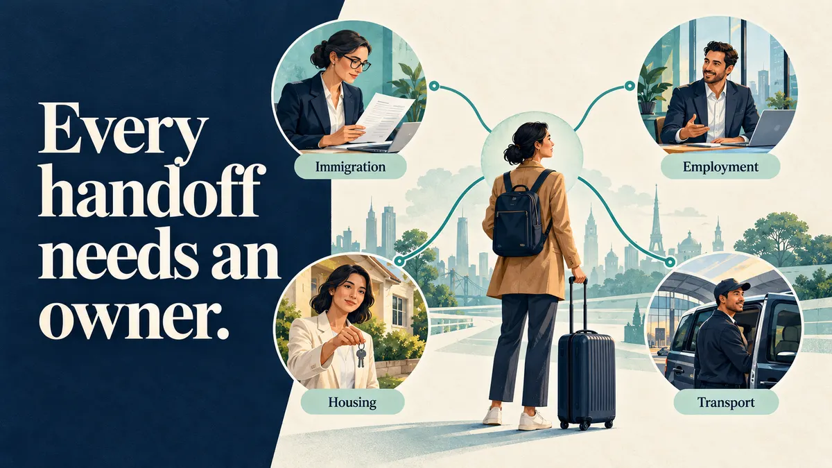 Every handoff needs an owner. Illustration of a newcomer with a suitcase connected to immigration, employment, housing and transport providers.