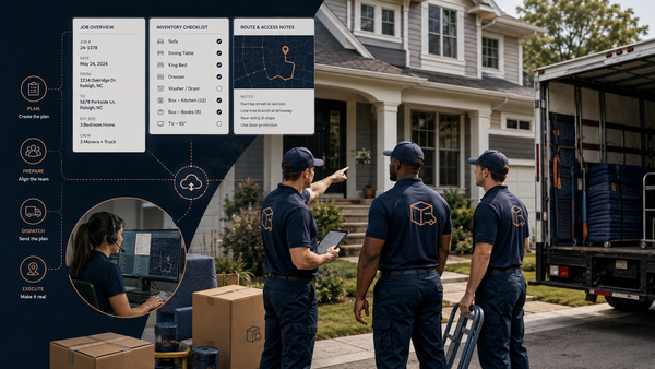 Moving crew reviewing a digital job plan before entering a customer’s home, connecting office planning with move-day execution.