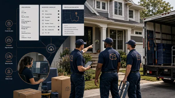 Moving crew reviewing a digital job plan before entering a customer’s home, connecting office planning with move-day execution.