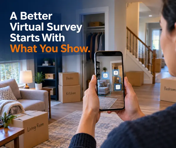 A customer using a smartphone to complete a virtual moving survey while preparing a home for a move.
