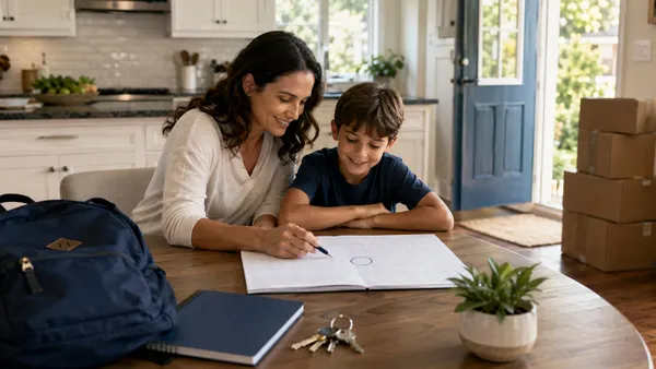 A parent and child plan around a school calendar in their new home, with a backpack, house keys, and moving boxes nearby.
