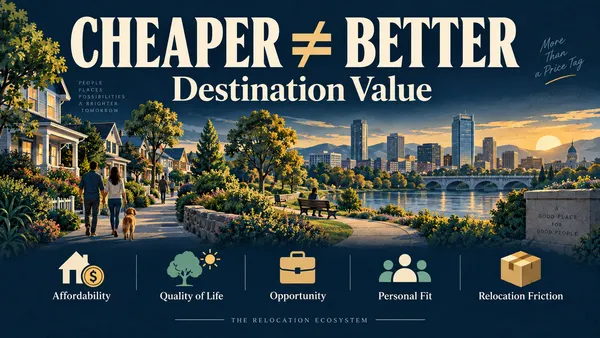 Cheaper does not equal better: Destination Value considers affordability, quality of life, opportunity, personal fit and relocation friction, illustrated with a neighborhood and city skyline.