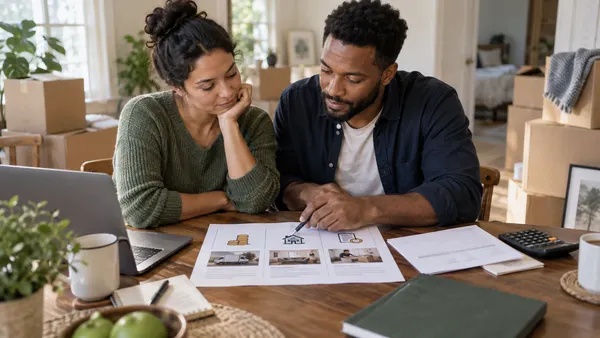 Couple comparing employer-paid moving benefit options at home with documents, a calculator and packed boxes.